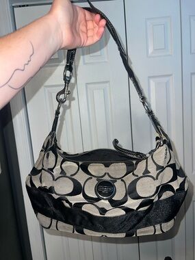 Coach Black and Cream Signature Jacquard Shoulder Bag
